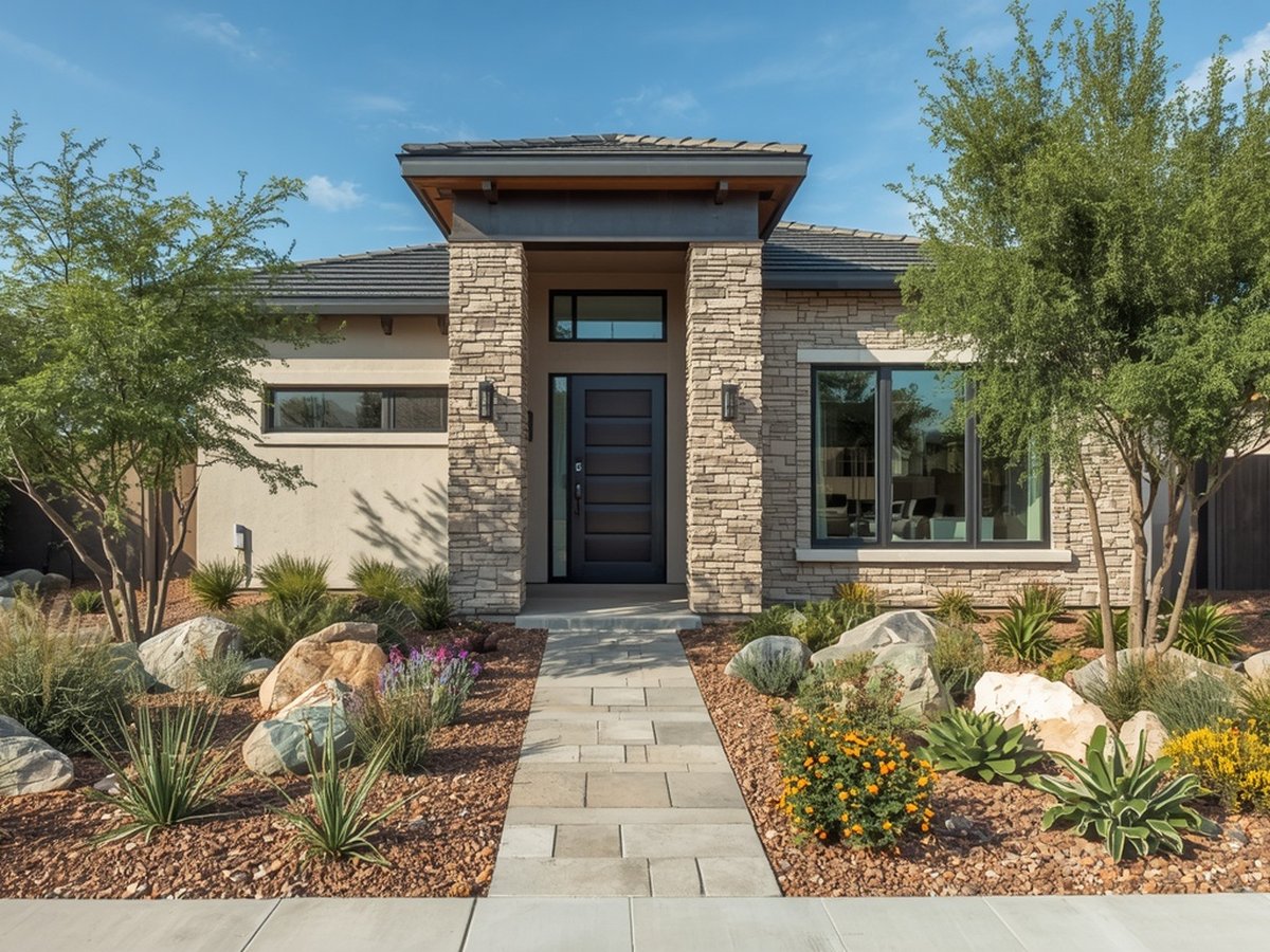 Modern desert-style front yard with decorative rock and drought-tolerant plants