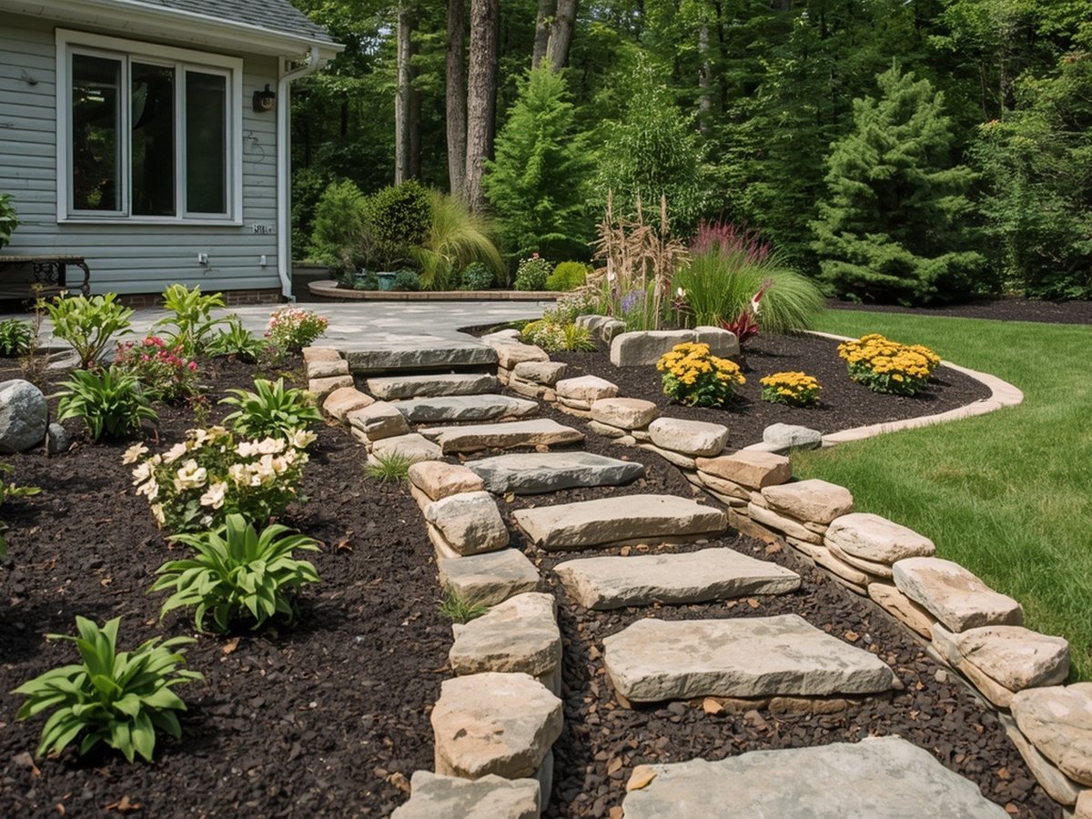 Natural stone stepping-stone path with garden beds and plantings