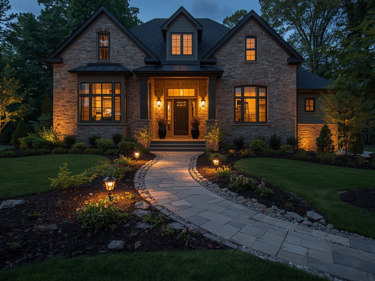 Front yard walkway with landscape lighting at dusk