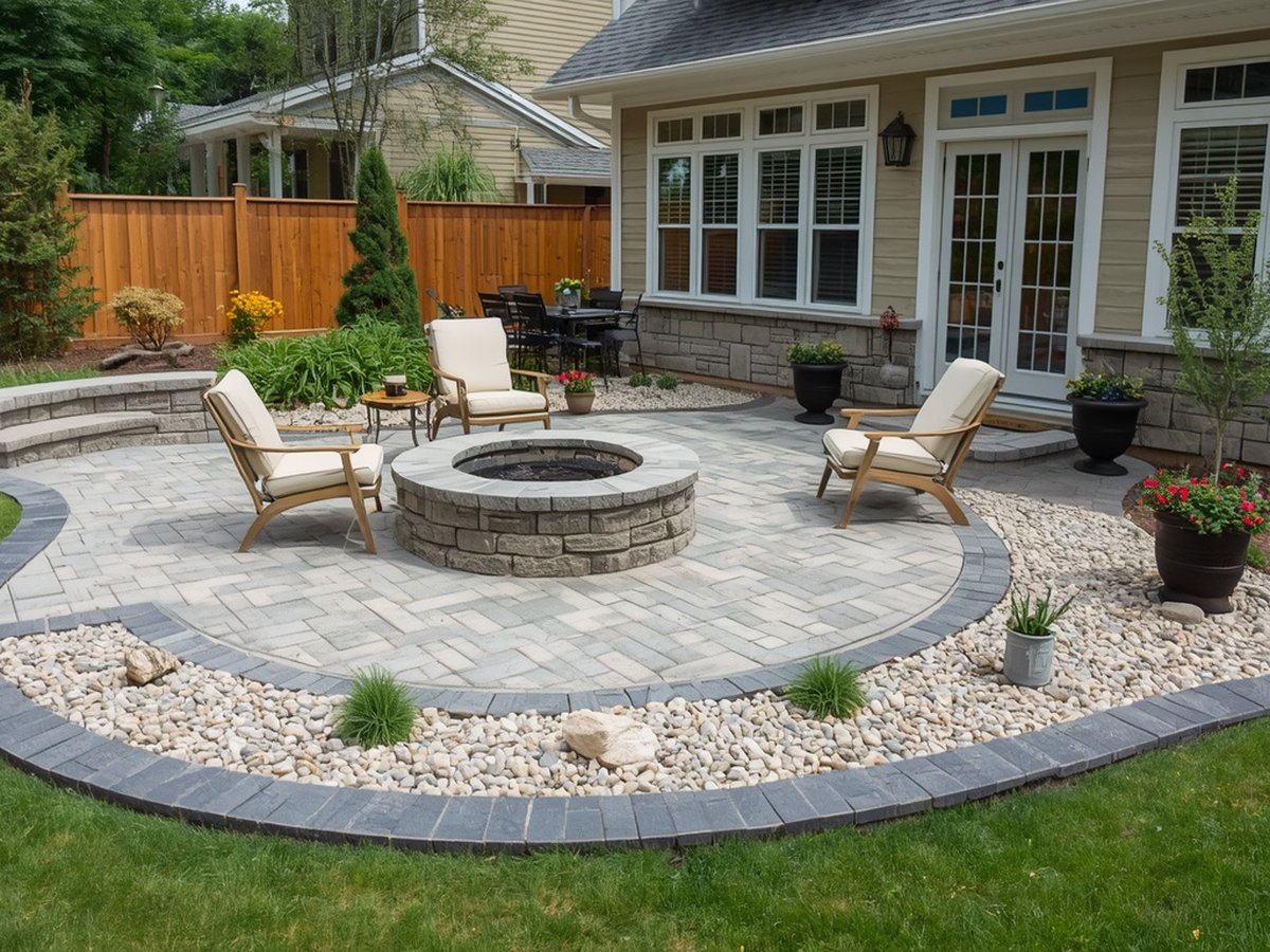 Paver patio with fire pit and outdoor seating area